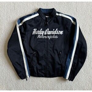 Harley-Davidson Mens L Black Stripe Sleeves Full Zip Nylon Casual Racing Jacket